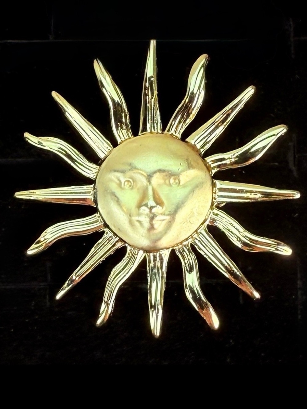 Vintage goldtone, celestial sun face brooch